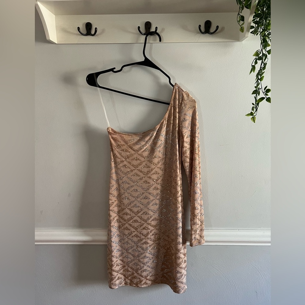 Jump Apparel by Wendye Chaitin - one sleeve gold sparkle bodycon dress
